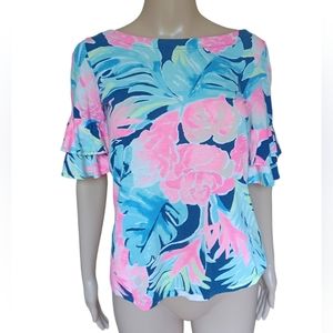LILLY PULITZER Womens Ruffled Half Sleeved Top Floral Multicolor Boat Neck XXS
